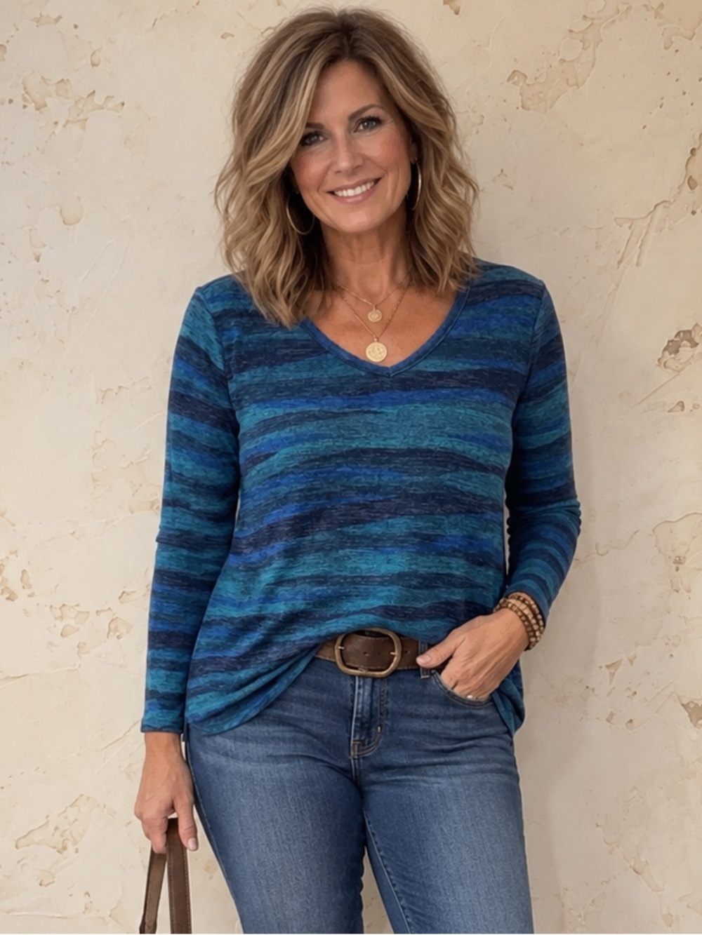 💙 Emily Daniels Blue Teal Marled Stripe V-Neck Top Relaxed Fit Size Medium